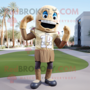 Tan American Football Helmet mascot costume character dressed with a Bodysuit and Scarves