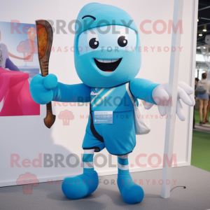 Cyan Knife Thrower mascot costume character dressed with a Running Shorts and Mittens