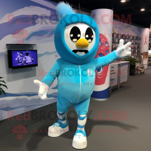 Cyan Knife Thrower mascot costume character dressed with a Running Shorts and Mittens