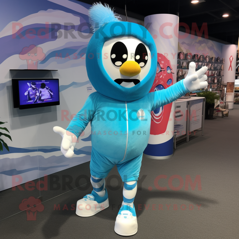 Cyan Knife Thrower mascot costume character dressed with a Running Shorts and Mittens Cyan Knife Thrower mascot costume character dressed with a Running Shorts and Mittens