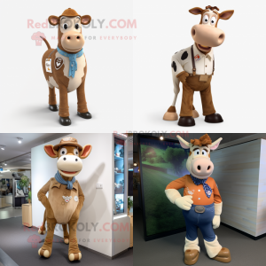 Tan Jersey Cow mascot costume character dressed with a Bootcut Jeans and Lapel pins
