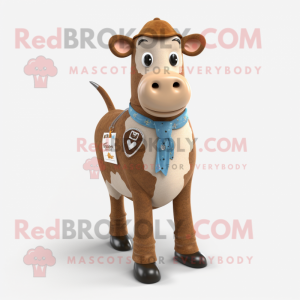 Tan Jersey Cow mascot costume character dressed with a Bootcut Jeans and Lapel pins