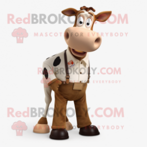 Tan Jersey Cow mascot costume character dressed with a Bootcut Jeans and Lapel pins