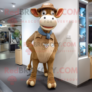 Tan Jersey Cow mascot costume character dressed with a Bootcut Jeans and Lapel pins