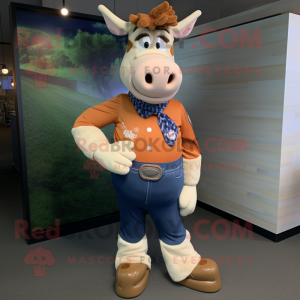 Tan Jersey Cow mascot costume character dressed with a Bootcut Jeans and Lapel pins