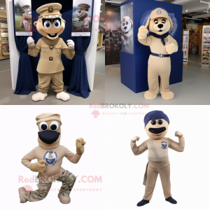 Tan Navy Soldier mascot costume character dressed with a Yoga Pants and Scarf clips