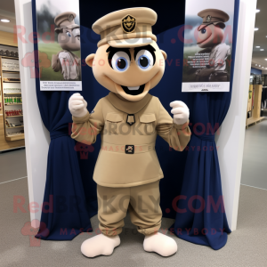 Tan Navy Soldier mascot costume character dressed with a Yoga Pants and Scarf clips