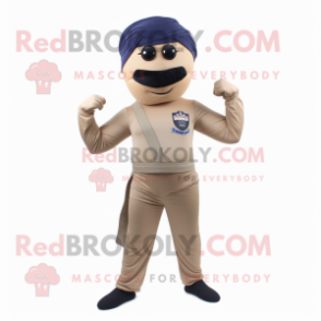 Tan Navy Soldier mascot costume character dressed with a Yoga Pants and Scarf clips