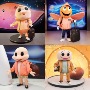 Peach Stingray mascot costume character dressed with a Bomber Jacket and Wallets