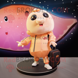 Peach Stingray mascot costume character dressed with a Bomber Jacket and Wallets