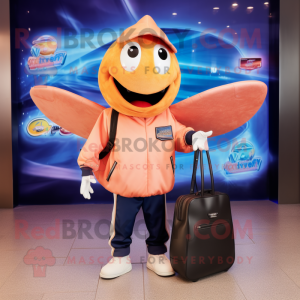 Peach Stingray mascot costume character dressed with a Bomber Jacket and Wallets