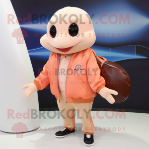 Peach Stingray mascot costume character dressed with a Bomber Jacket and Wallets