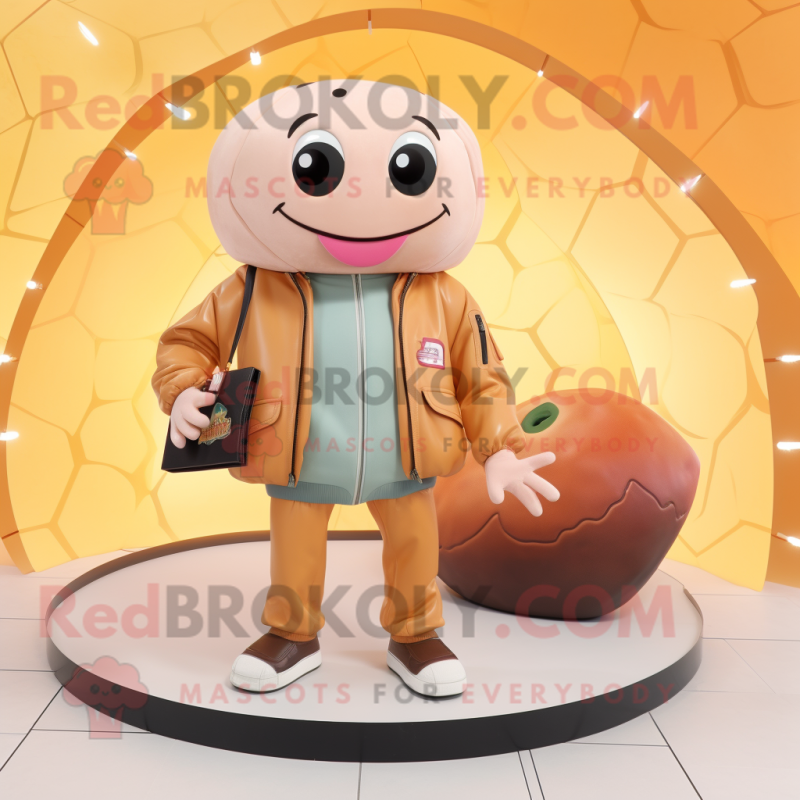 Peach Stingray mascot costume character dressed with a Bomber Jacket and Wallets