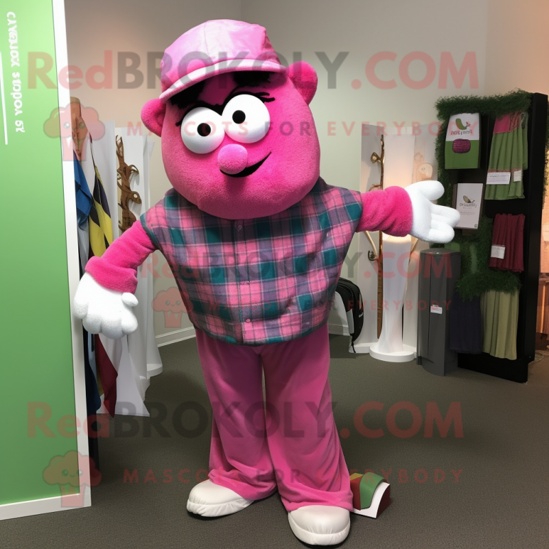 Pink Golf Bag mascot costume character dressed with a Flannel Shirt and Cummerbunds