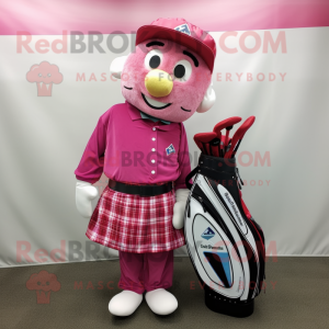 Pink Golf Bag mascot costume character dressed with a Flannel Shirt and Cummerbunds