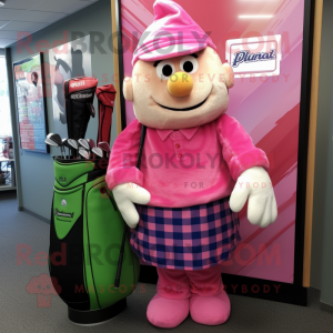 Pink Golf Bag mascot costume character dressed with a Flannel Shirt and Cummerbunds