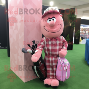 Pink Golf Bag mascot costume character dressed with a Flannel Shirt and Cummerbunds