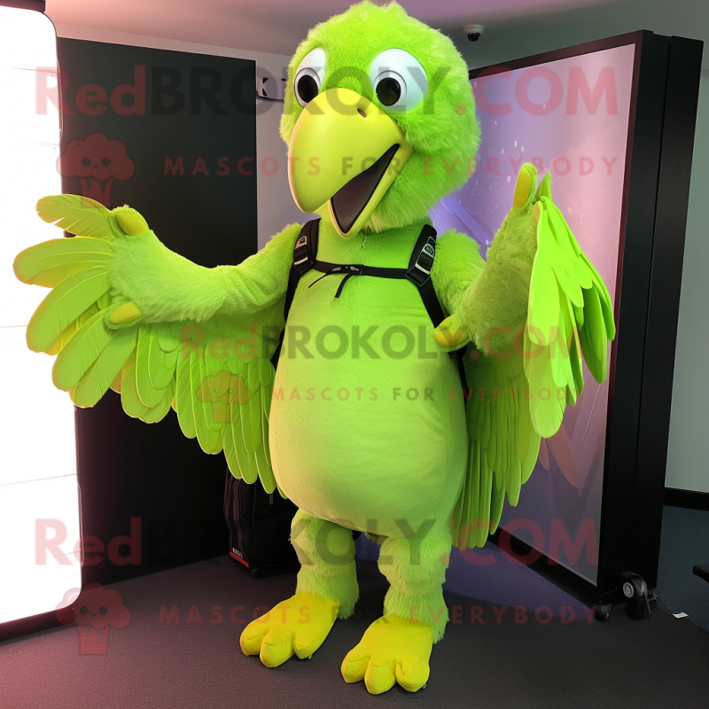 Lime Green Vulture mascot costume character dressed with a Bodysuit and Backpacks Lime Green Vulture mascot costume character dressed with a Bodysuit and Backpacks