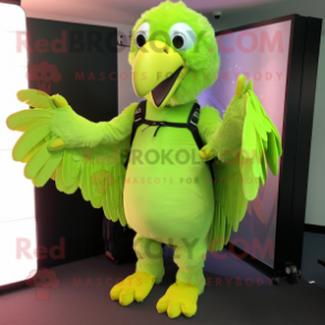 Lime Green Vulture mascot costume character dressed with a Bodysuit and Backpacks
