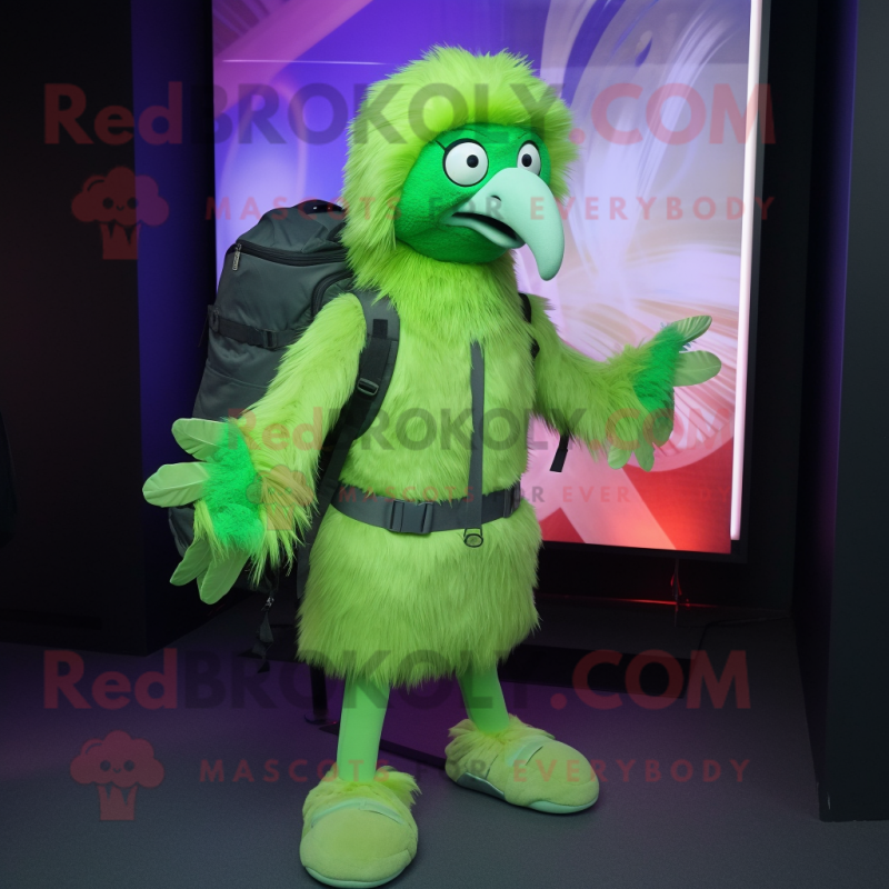 Lime Green Vulture mascot costume character dressed with a Bodysuit and Backpacks Lime Green Vulture mascot costume character dressed with a Bodysuit and Backpacks