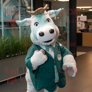 Teal Hereford Cow mascot costume character dressed with a T-Shirt and Lapel pins