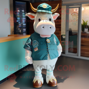 Teal Hereford Cow mascot costume character dressed with a T-Shirt and Lapel pins