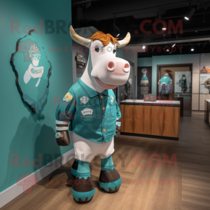 Teal Hereford Cow mascot costume character dressed with a T-Shirt and Lapel pins