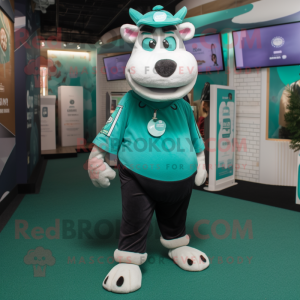 Teal Hereford Cow mascot costume character dressed with a T-Shirt and Lapel pins