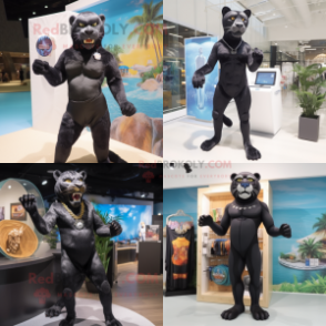 Black Smilodon mascot costume character dressed with a One-Piece Swimsuit and Lapel pins