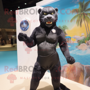 Black Smilodon mascot costume character dressed with a One-Piece Swimsuit and Lapel pins