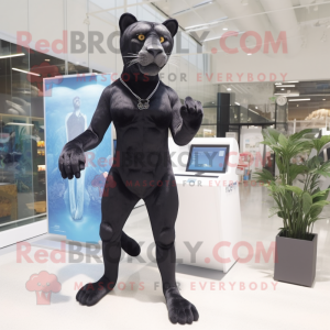 Black Smilodon mascot costume character dressed with a One-Piece Swimsuit and Lapel pins