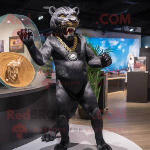 Black Smilodon mascot costume character dressed with a One-Piece Swimsuit and Lapel pins