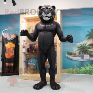 Black Smilodon mascot costume character dressed with a One-Piece Swimsuit and Lapel pins