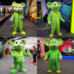Lime Green Rat mascot costume character dressed with a Jumpsuit and Shoe laces