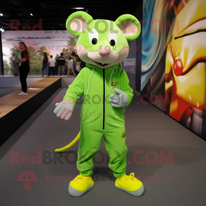 Lime Green Rat mascot costume character dressed with a Jumpsuit and Shoe laces