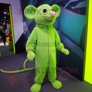 Lime Green Rat mascot costume character dressed with a Jumpsuit and Shoe laces