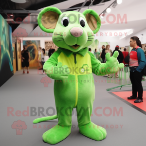 Lime Green Rat mascot costume character dressed with a Jumpsuit and Shoe laces