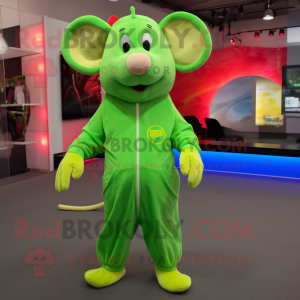 Lime Green Rat mascot costume character dressed with a Jumpsuit and Shoe laces