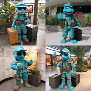 Turquoise Marine Recon mascot costume character dressed with a Cargo Pants and Briefcases