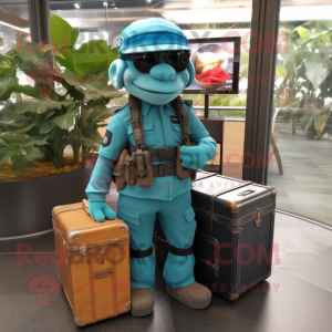 Turquoise Marine Recon mascot costume character dressed with a Cargo Pants and Briefcases