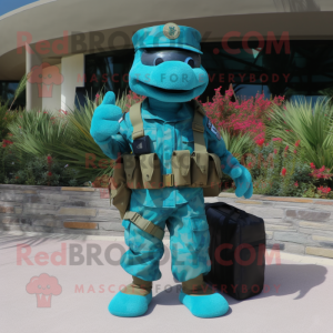 Turquoise Marine Recon mascot costume character dressed with a Cargo Pants and Briefcases