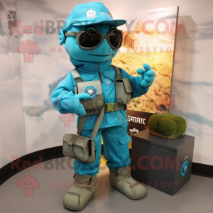 Turquoise Marine Recon mascot costume character dressed with a Cargo Pants and Briefcases