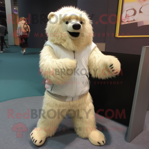 Cream Sloth Bear mascot costume character dressed with a Sweater and Shoe clips