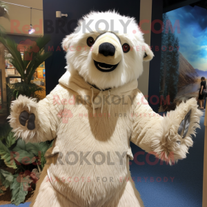 Cream Sloth Bear mascot costume character dressed with a Sweater and Shoe clips