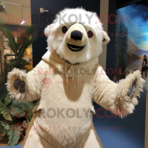 Cream Sloth Bear mascot costume character dressed with a Sweater and Shoe clips