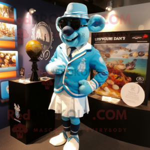 Sky Blue Guinness mascot costume character dressed with a Rugby Shirt and Lapel pins