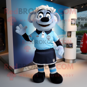 Sky Blue Guinness mascot costume character dressed with a Rugby Shirt and Lapel pins