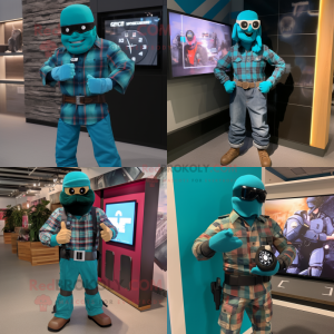 Teal Gi Joe mascot costume character dressed with a Flannel Shirt and Digital watches