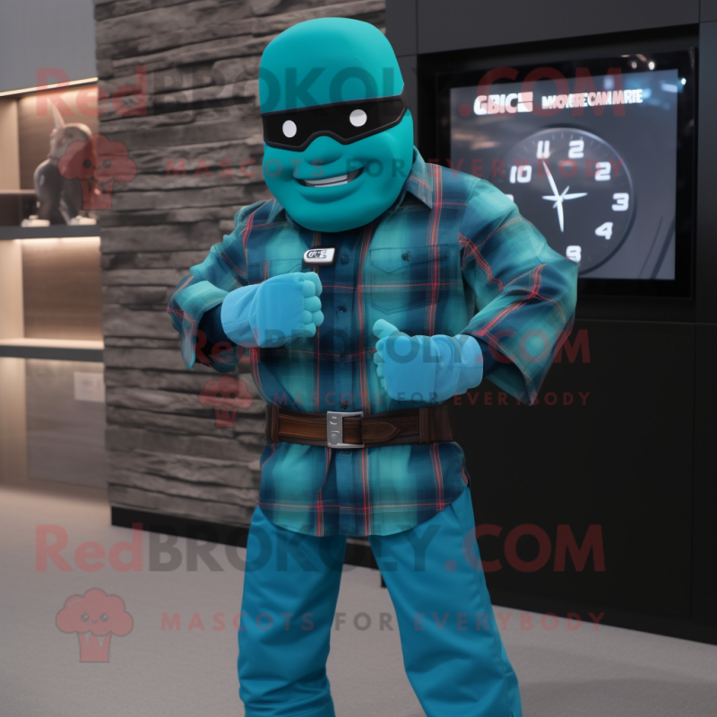 Teal Gi Joe mascot costume character dressed with a Flannel Shirt and Digital watches