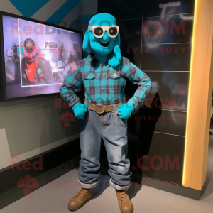 Teal Gi Joe mascot costume character dressed with a Flannel Shirt and Digital watches